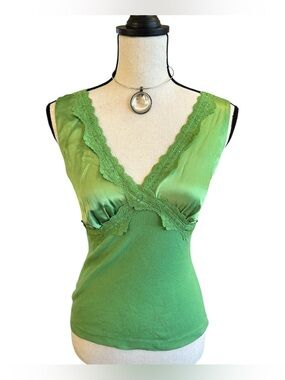 Y2K Apple Green Ribbed Tank Top with Satin and Lace Trim | Small